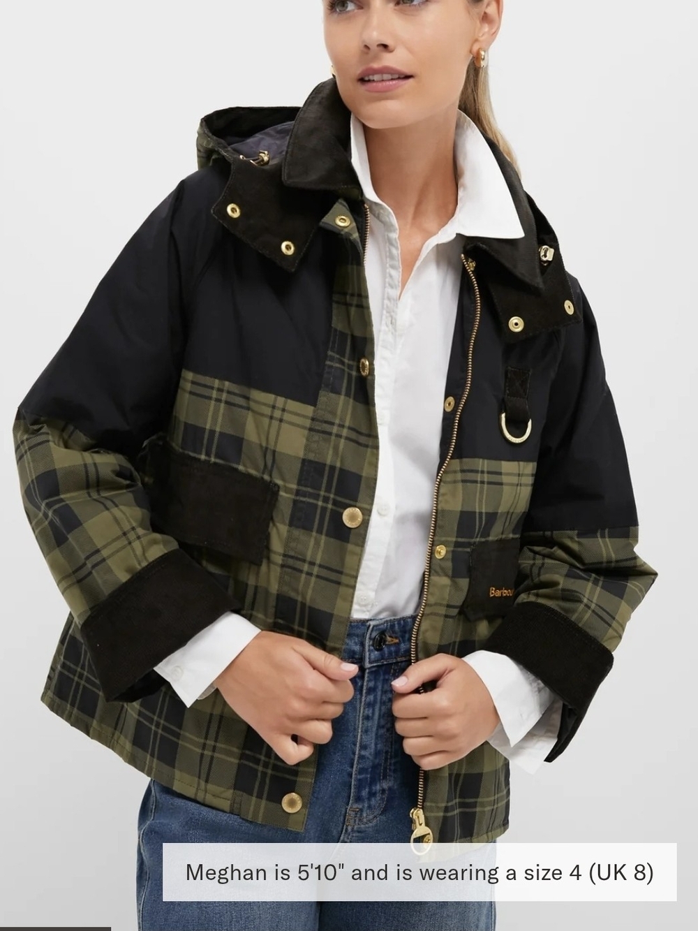 Barbour Elaine Showerproof Olive Green & Black Tartan Hooded Jacket